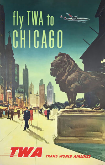 Vintage travel poster showcases a bustling Chicago street, iconic lion statue, soaring skyscrapers, and an airplane overhead, with the bold text: fly TWA to CHICAGO. Poster print available in A1 to A4 sizes.