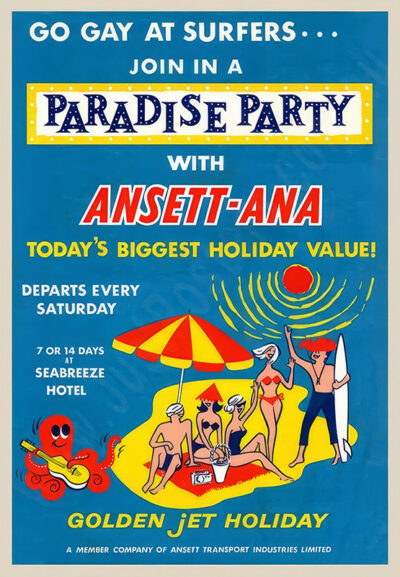 Vintage travel poster advertising a Paradise Party holiday at Surfers Paradise with Australian Airline Ansett-ANA, featuring people relaxing on the beach under umbrellas and bright Surfers Retro lettering. Poster print available in A1 to A4 sizes.