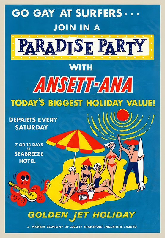 product-image Vintage travel poster advertising a Paradise Party holiday at Surfers Paradise with Australian Airline Ansett-ANA, featuring people relaxing on the beach under umbrellas and bright Surfers Retro lettering. Poster print available in A1 to A4 sizes.