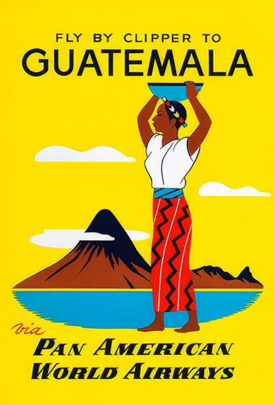 Vintage travel poster featuring a woman in traditional clothing holding a bowl, with a volcano in the background, advertising flights to Guatemala with Pan American World Airways. Poster print available in A1 to A4 sizes.
