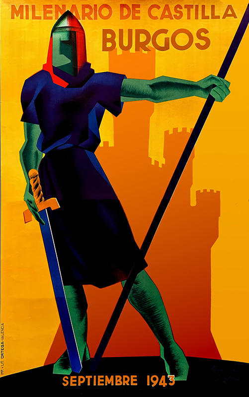 Poster of a green-armored knight with a sword and spear in front of a castle silhouette, promoting Milenario de Castilla in Burgos, Septiembre 1943. Poster print available in A1 to A4 sizes.