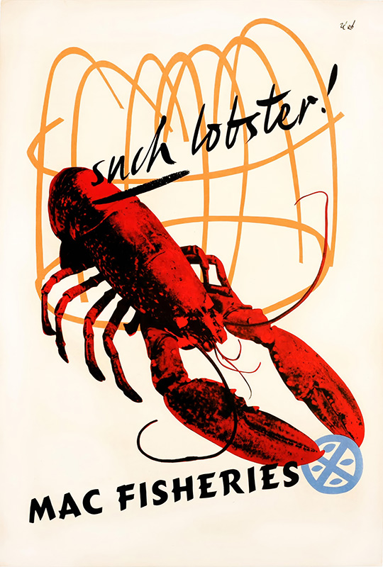 product-image A red lobster is illustrated in front of a beige fishing trap with the words such lobster! above and MAC FISHERIES below in bold black letters, capturing Hans Schleger’s iconic poster style. Poster print available in A1 to A4 sizes.