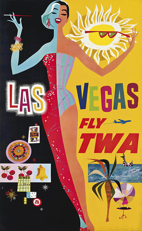 A colourful vintage Travel Poster showcases a split-faced woman, iconic Las Vegas landmarks, casino imagery, and the bold text Las Vegas Fly TWA in playful fonts. Poster print available in A1 to A4 sizes.