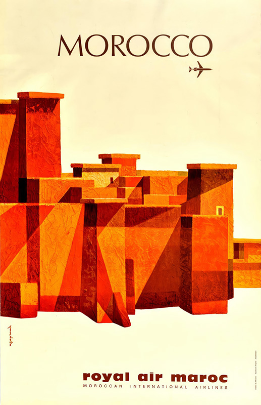 product-image Vintage travel poster for Morocco featuring geometric, sunlit buildings in warm tones, with MOROCCO and an airplane above. Royal Air Maroc branding appears at the bottom, capturing classic travel charm. Poster print available in A1 to A4 sizes.