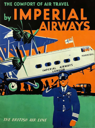 Vintage 1932 poster advertising Imperial Airways, featuring a large Heracles Hannibal airplane, a uniformed pilot saluting, and the slogan The comfort of air travel by Imperial Airways. Poster print available in A1 to A4 sizes.