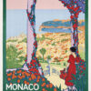 Vintage travel poster by Roger Broders features a woman in red overlooking Monaco and Monte-Carlo, with vibrant flowers and a coastal cityscape. Text promotes the Paris-Lyon-Méditerranée railway. Poster print available in A1 to A4 sizes.