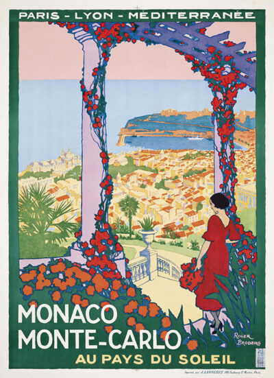 product-image Vintage travel poster by Roger Broders features a woman in red overlooking Monaco and Monte-Carlo, with vibrant flowers and a coastal cityscape. Text promotes the Paris-Lyon-Méditerranée railway. Poster print available in A1 to A4 sizes.