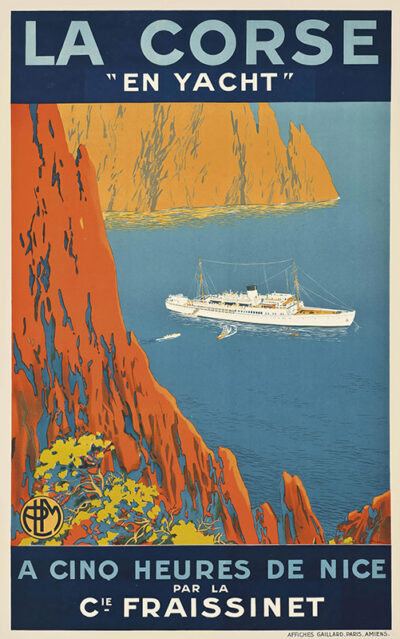 A vintage travel poster features a sleek white yacht cruising near steep red cliffs and blue water, promoting luxurious yacht trips from Nice to Corsica by the Fraissinet company. Poster print available in A1 to A4 sizes.