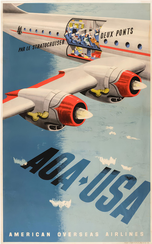 Vintage poster featuring a Stratocruiser Deux Ponts airplane with a cutaway view of passengers, labeled AOA-USA and American Overseas Airlines. Text in French and English appears on the plane. Design attributed to LeWitt Jan and George Him. Poster print available in A1 to A4 sizes.
