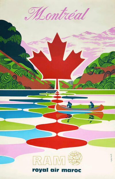 Colourful Travel Poster featuring two people canoeing on a river, a large red maple leaf, and “Montréal” above; “RAM Royal Air Maroc” is written at the bottom. Poster print available in A1 to A4 sizes.