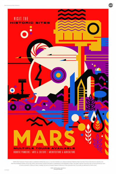Colourful, abstract Tour Poster promoting historic site tours on Mars, featuring geometric shapes, a rover, and architectural elements on a red background—perfect for fans of the NASA Mars Exploration Programme. Poster print available in A1 to A4 sizes.