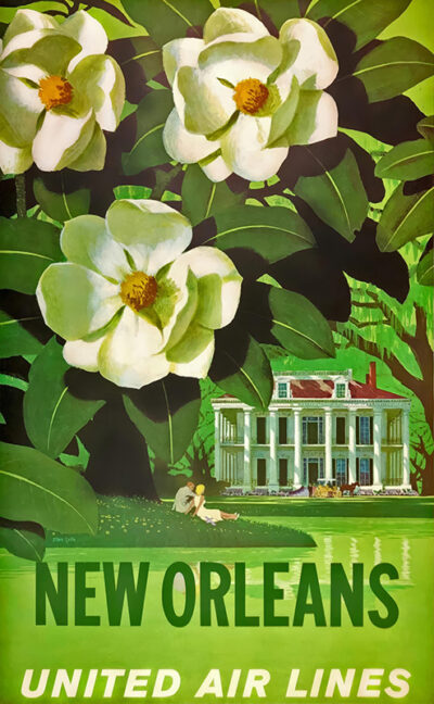 Vintage travel poster featuring large Louisiana State Flower magnolia blooms, a couple by a pond, a Southern mansion, and text reading New Orleans United Air Lines in green and yellow tones. Poster print available in A1 to A4 sizes.