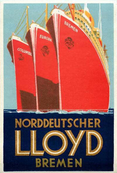Vintage poster featuring three grand red ships—Columbus, Europa, and Bremen—sailing above bold Norddeutscher Lloyd Bremen lettering. Poster print available in A1 to A4 sizes.