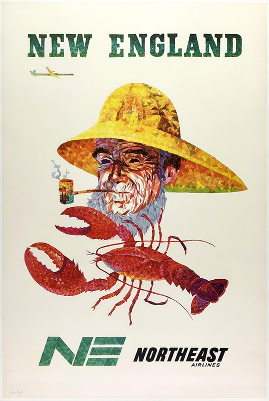 product-image A colourful travel poster of a fisherman in a yellow hat smoking a pipe, with a large lobster and the text NEW ENGLAND and NORTHEAST AIRLINES below—perfect for fans of classic New England travel art. Poster print available in A1 to A4 sizes.