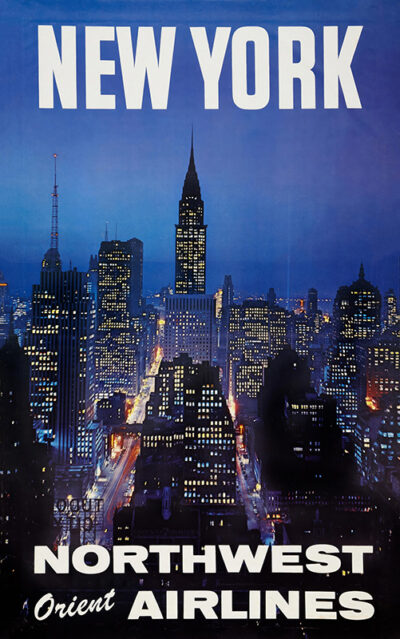 A vintage Northwest Travel poster showcases a nighttime view of New York, with illuminated skyscrapers and the Empire State Building glowing at the centre. Poster print available in A1 to A4 sizes.