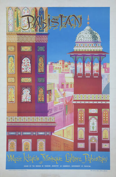 Vibrant travel poster showcasing the architectural beauty of Wazir Khan’s Mosque in Lahore, Pakistan, with intricate patterns and minaret, featuring bold text to inspire Pakistan travel. Poster print available in A1 to A4 sizes.