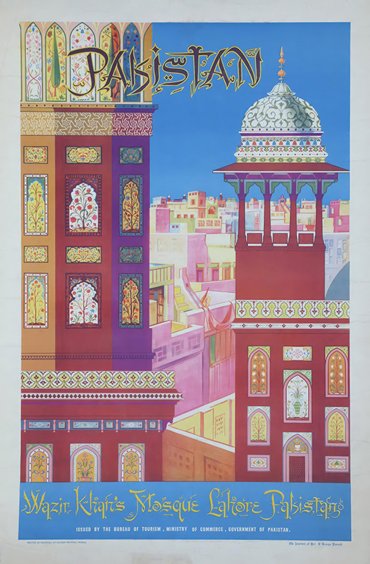 product-image Vibrant travel poster showcasing the architectural beauty of Wazir Khan’s Mosque in Lahore, Pakistan, with intricate patterns and minaret, featuring bold text to inspire Pakistan travel. Poster print available in A1 to A4 sizes.