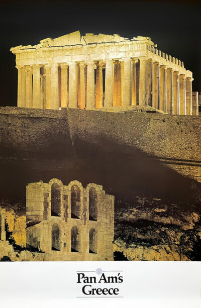 Night view of the illuminated Parthenon and Odeon of Herodes Atticus in Athens, Greece, with Pan Am proudly displayed at the bottom—perfect for a classic Travel Poster. Poster print available in A1 to A4 sizes.