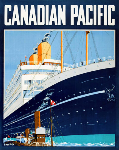 Vintage 1920 travel poster featuring a grand ocean liner with CANADIAN PACIFIC above, and a small tugboat flying the Canadian flag in the foreground. Poster print available in A1 to A4 sizes.