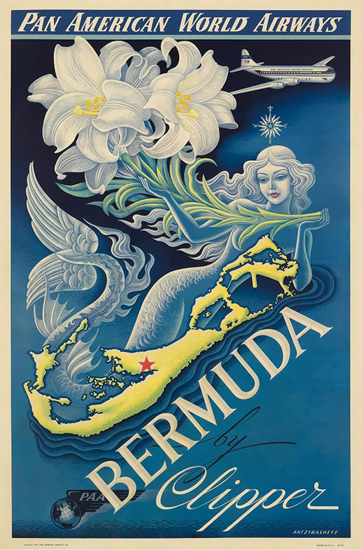 product-image Vintage Pan American World Airways travel poster by Boris Artzybasheff featuring a mermaid, white lilies, an airplane, and a map of Bermuda with the text BERMUDA by Clipper. Perfect for any PanAm Bermuda collection. Poster print available in A1 to A4 sizes.