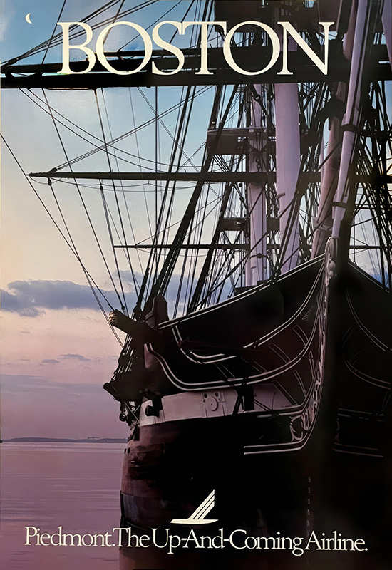 product-image A historic sailing ship docked at sunset with Boston’s skyline behind it. Piedmont Airlines: The Up-And-Coming Airline. is written across the image, styled like a vintage poster. Poster print available in A1 to A4 sizes.