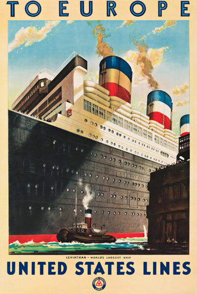 Vintage poster featuring the impressive steamship SS Leviathan with smokestacks and a tugboat, advertising travel to Europe with United States Lines. Poster print available in A1 to A4 sizes.