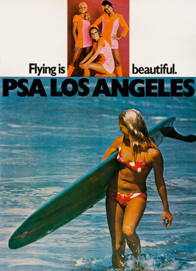 A vintage PSA Travel Poster for Los Angeles, featuring flight attendants in uniform above and a woman in a red bikini carrying a surfboard in the ocean below. Text reads Flying is beautiful. Poster print available in A1 to A4 sizes.