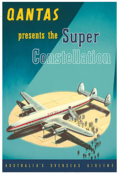 Vintage Qantas poster featuring a classic Constellation airplane on the runway, with people boarding and promotional text highlighting Australia’s overseas airline. Poster print available in A1 to A4 sizes.