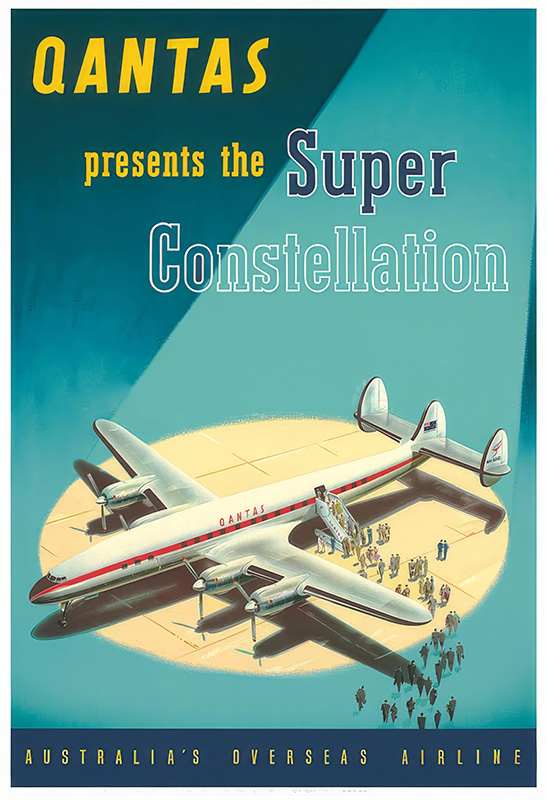 product-image Vintage Qantas poster featuring a classic Constellation airplane on the runway, with people boarding and promotional text highlighting Australia’s overseas airline. Poster print available in A1 to A4 sizes.