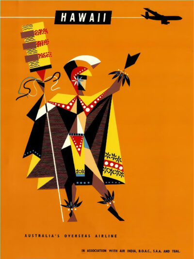 Stylized poster illustration of a Hawaiian warrior holding a spear and flag, with an airplane flying overhead and bold text promoting travel to Hawaii with Qantas. Poster print available in A1 to A4 sizes.