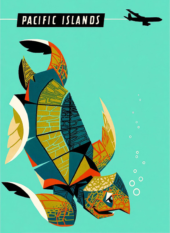 product-image Stylized poster illustration of a sea turtle underwater with geometric patterns, bubbles rising, and an airplane flying above the text Pacific Islands on a teal background, capturing the spirit of Qantas adventure. Poster print available in A1 to A4 sizes.