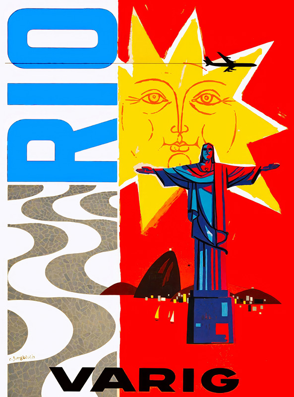 A vintage Varig travel poster featuring Christ the Redeemer, Sugarloaf Mountain, a stylized sun, an airplane, and bold RIO text on a red and yellow background captures the vibrant spirit of Rio de Janeiro, Brazil. Poster print available in A1 to A4 sizes.