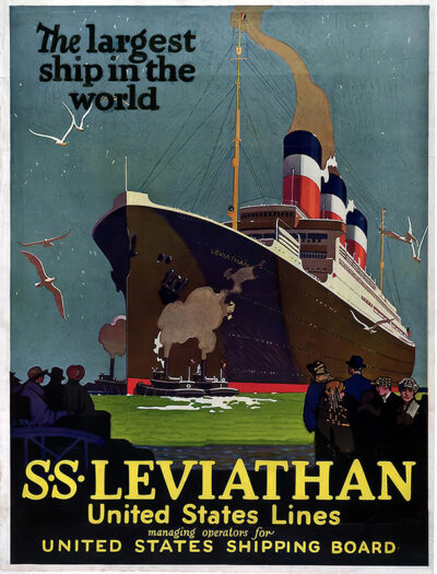 Vintage poster featuring the S.S. Leviathan ocean liner with people and seagulls in the foreground. Text reads, The largest ship in the world. S.S. Leviathan, United States Line. Poster print available in A1 to A4 sizes.