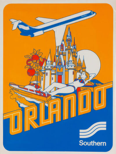 Vintage travel poster featuring an airplane, a castle, oranges, a yacht, a sunbathing woman, and the word Orlando with the Southern Airways logo—capturing the spirit of classic Orlando travel. Poster print available in A1 to A4 sizes.