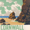 Vintage travel poster of Cornwall featuring people on a sandy beach with large rock formations, advertising monthly return tickets from GWR—Great Western Railway. Poster print available in A1 to A4 sizes.
