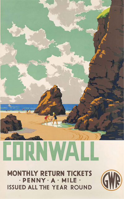 Vintage travel poster of Cornwall featuring people on a sandy beach with large rock formations, advertising monthly return tickets from GWR—Great Western Railway. Poster print available in A1 to A4 sizes.