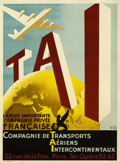 Vintage 1950 TAI travel poster for TRANSPORTS AÉRIENS INTERNATIONAUX, featuring a plane soaring above a yellow globe with bold red TAI letters and French text promoting the airline. Poster print available in A1 to A4 sizes.