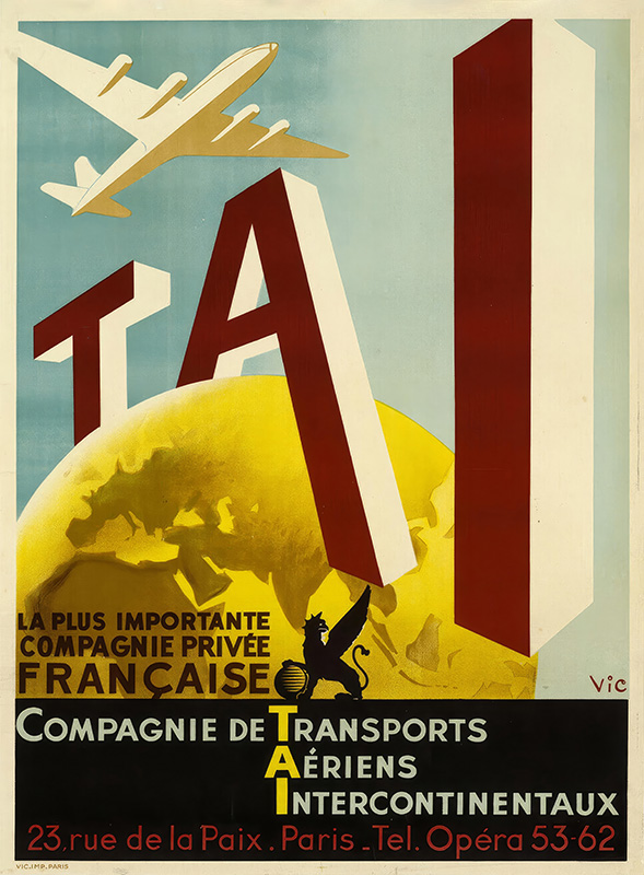 product-image Vintage 1950 TAI travel poster for TRANSPORTS AÉRIENS INTERNATIONAUX, featuring a plane soaring above a yellow globe with bold red TAI letters and French text promoting the airline. Poster print available in A1 to A4 sizes.