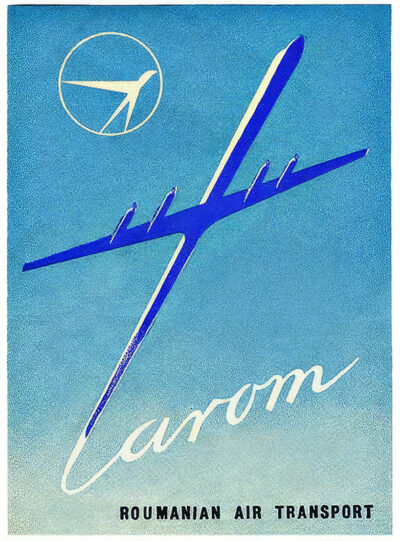 1955 travel poster featuring a stylized blue airplane, the word Tarom, and ROUMANIAN AIR TRANSPORT on a striking blue gradient background. Poster print available in A1 to A4 sizes.