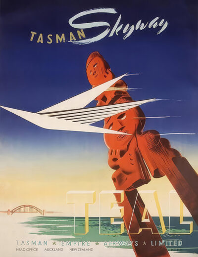 Vintage travel poster featuring a stylized wooden Maori carving, a flying airplane, and text promoting TEAL Skyway service to Auckland, New Zealand. Poster print available in A1 to A4 sizes.