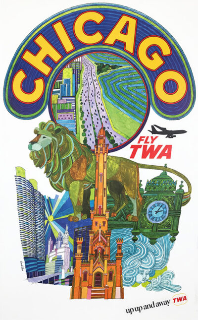 Colourful vintage Chicago Travel Poster featuring landmarks, a TWA airplane, and the text “CHICAGO” and “Fly TWA” above “up up and away TWA,” inspired by artist David Klein’s iconic style. Poster print available in A1 to A4 sizes.
