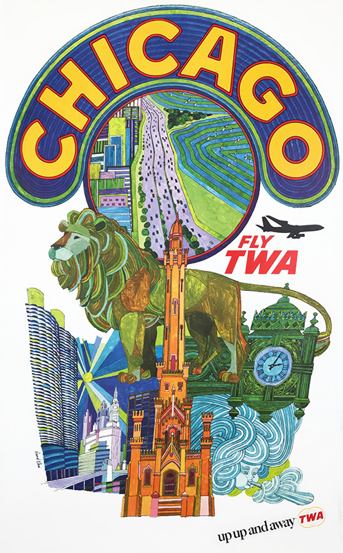 product-image Colourful vintage Chicago Travel Poster featuring landmarks, a TWA airplane, and the text “CHICAGO” and “Fly TWA” above “up up and away TWA,” inspired by artist David Klein’s iconic style. Poster print available in A1 to A4 sizes.