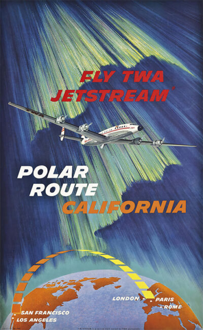 Vintage California Travel Poster featuring a TWA Jetstream airplane soaring beneath green aurora lights, promoting the scenic Polar Route from California to London, Paris, and Rome. Poster print available in A1 to A4 sizes.