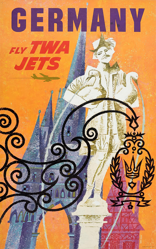 product-image Vintage Germany travel poster by David Klein showcases a statue, cathedral spires, and bold Germany Fly TWA Jets text on an orange backdrop with striking black accents. Poster print available in A1 to A4 sizes.