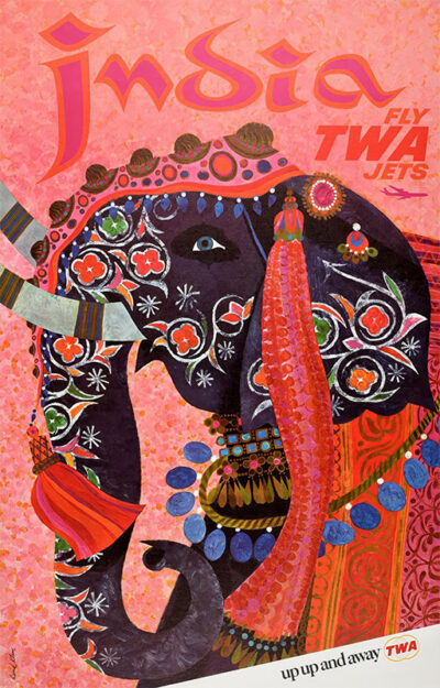 Vintage India Travel Poster by David Klein features a decorated elephant with floral patterns and bold text, reading India, Fly TWA Jets, up up and away TWA on a vibrant pink background. Poster print available in A1 to A4 sizes.