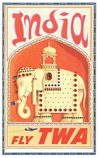 Vintage India Travel Poster depicting a decorated white elephant before an ornate structure, with India and Fly TWA. This striking artwork, inspired by David Klein, captures the allure of classic air travel. Poster print available in A1 to A4 sizes.
