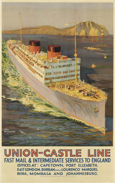 A vintage Odin Rosenvinge travel poster of a large Union-Castle Line ocean liner sailing near a coastline, advertising mail and passenger services to England with listed office locations. Poster print available in A1 to A4 sizes.