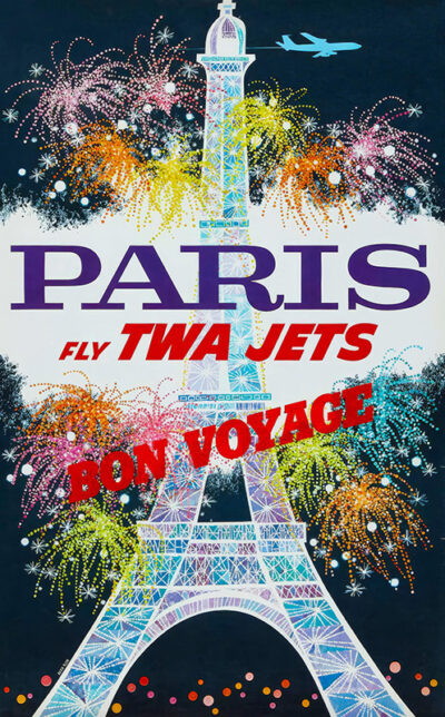 Colourful Paris Travel Poster by David Klein features the Eiffel Tower, fireworks, an airplane, and text: Paris Fly TWA Jets Bon Voyage. Poster print available in A1 to A4 sizes.