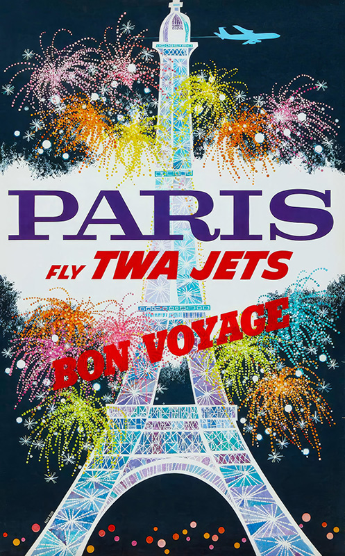 product-image Colourful Paris Travel Poster by David Klein features the Eiffel Tower, fireworks, an airplane, and text: Paris Fly TWA Jets Bon Voyage. Poster print available in A1 to A4 sizes.