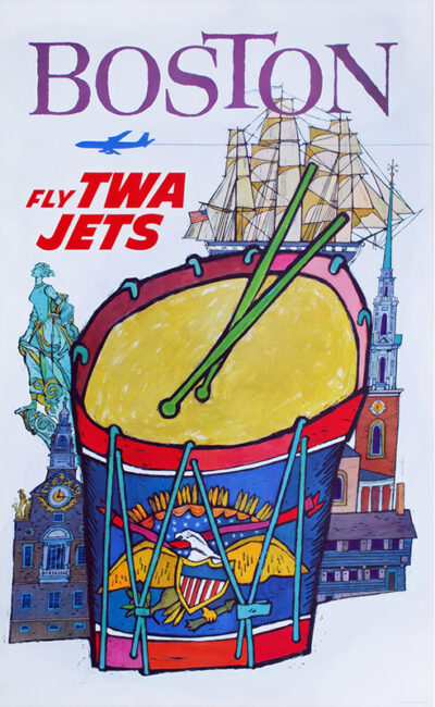 Illustrated vintage Boston Travel Poster by David Klein features “BOSTON” at the top, a large drum, historic landmarks, a ship, and “Fly TWA Jets” with an airplane graphic. Poster print available in A1 to A4 sizes.